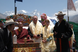Peter Hillary with daughter Amelia and the Thyangboche Monastery Rimpoche (reincarnate lama),  2003, during the 50th Anniversary celebrations of Ed Hillary and Tenzing Norgay's historic first ascent.  Mt Everest, Chomolungma, is above the Rimpoche's head.